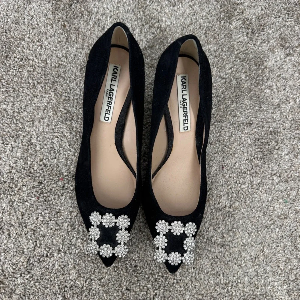 Karl Lagerfeld Paris Black Suede Crystal Buckle Block Heel Pumps 6M Adona Formal